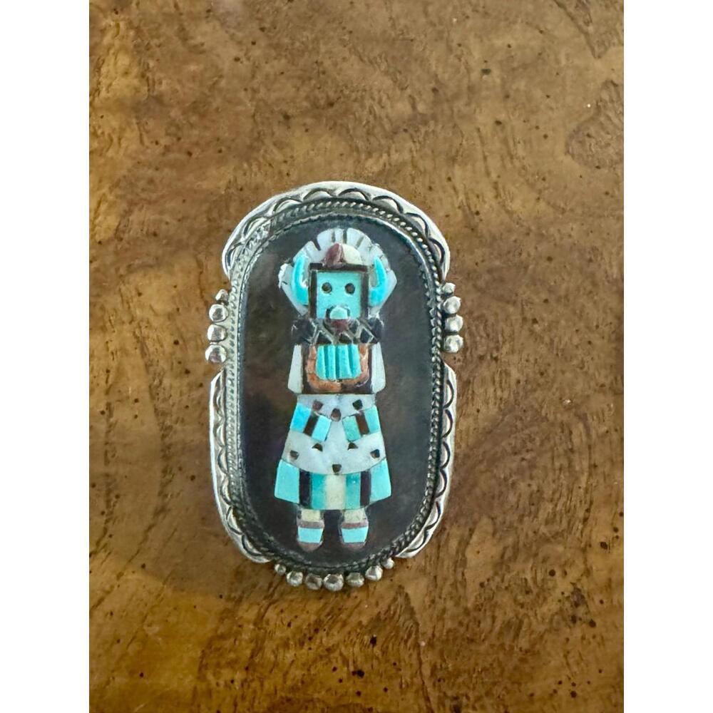 Bev Etsate Zuni Native American Inlay Sterling Ring w/ Standing Kachina
